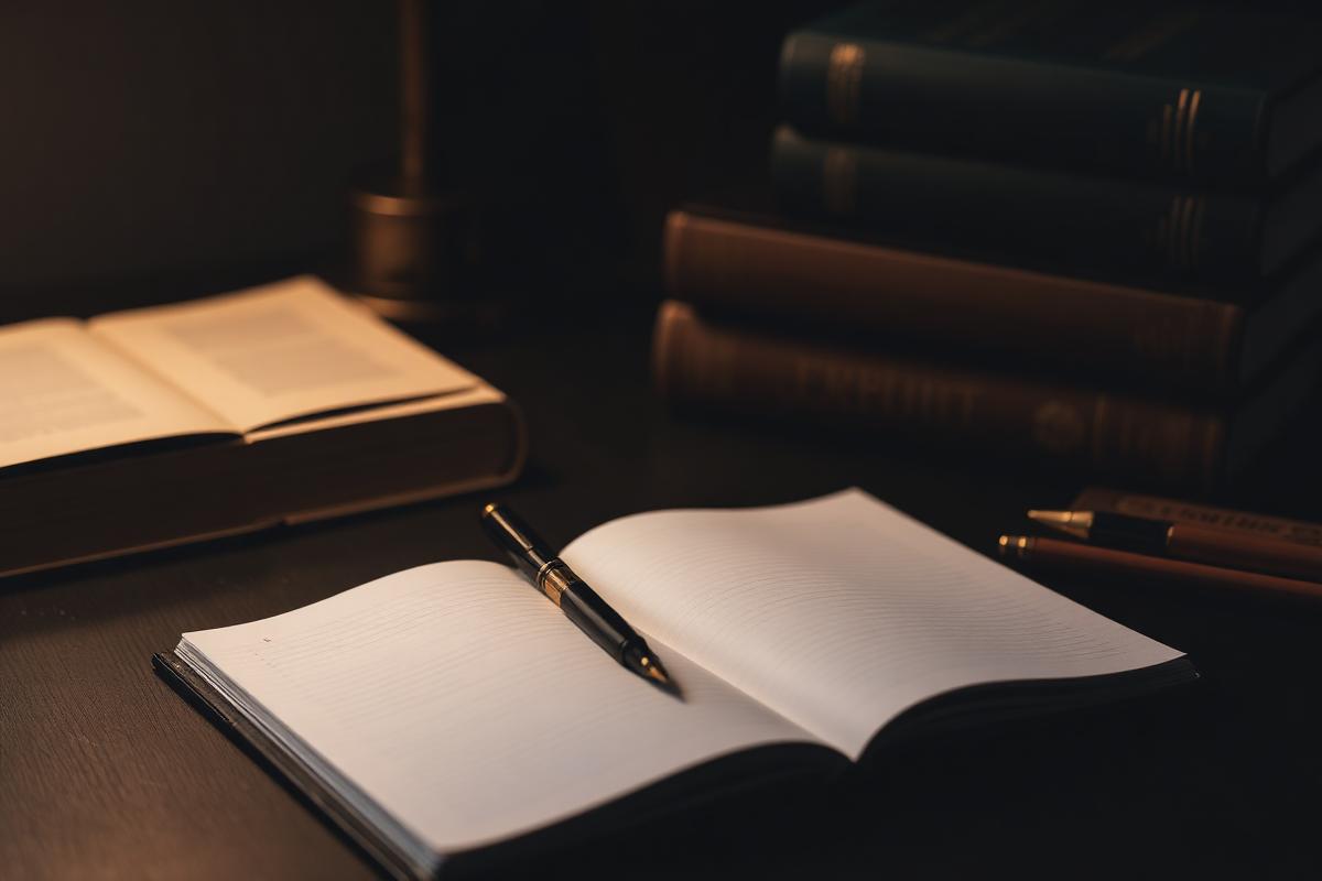Notebook, pen and books on a desk under warm light
